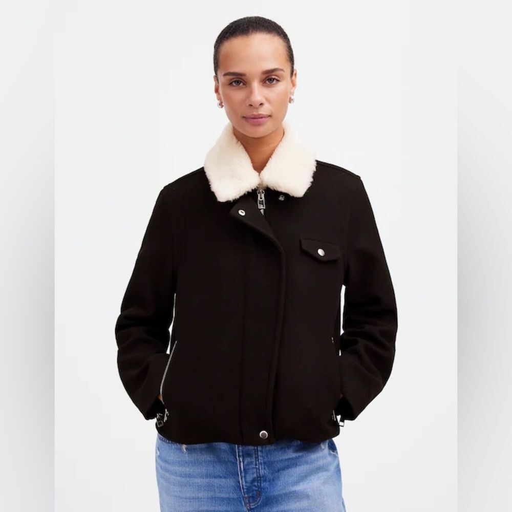 Madewell Sherpa Collar Zip Front Jacket In Black Size Xs Nwt